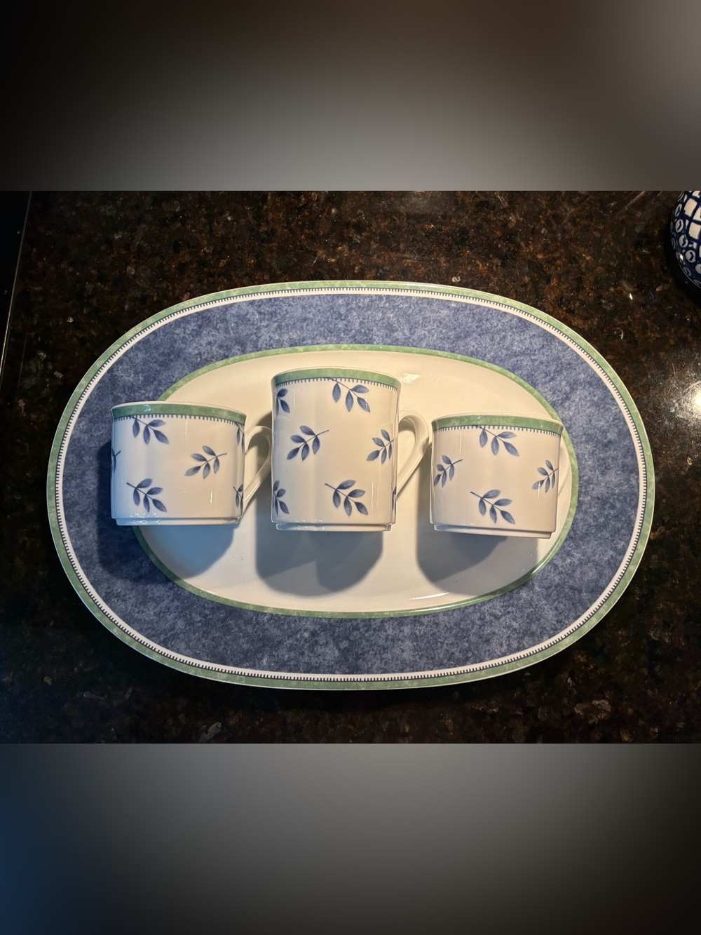 Villeroy & Boch SWITCH 3 White Mugs with Blue Leaf Motif and Green Rim